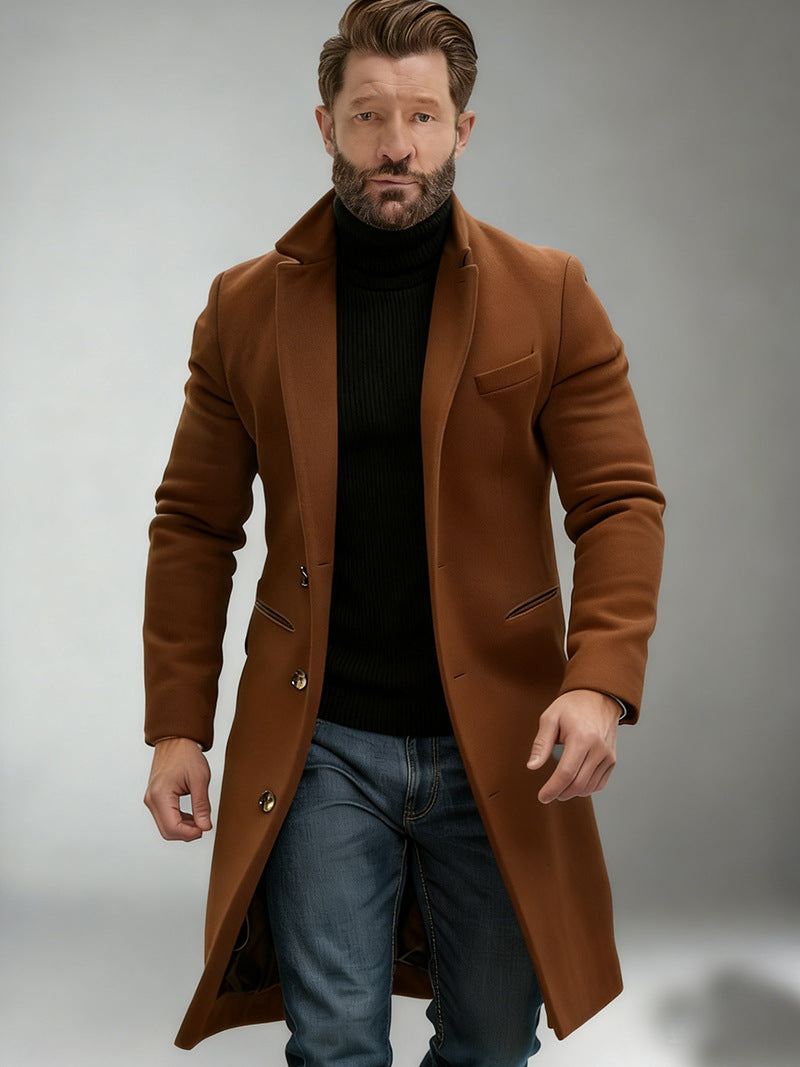 Herren Eleganter einreihiger Langmantel aus Wollmix mit schmaler Silhouette und Reverskragen Nord Taschen