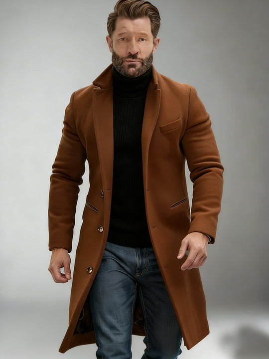 Herren Eleganter einreihiger Langmantel aus Wollmix mit schmaler Silhouette und Reverskragen Nord Taschen