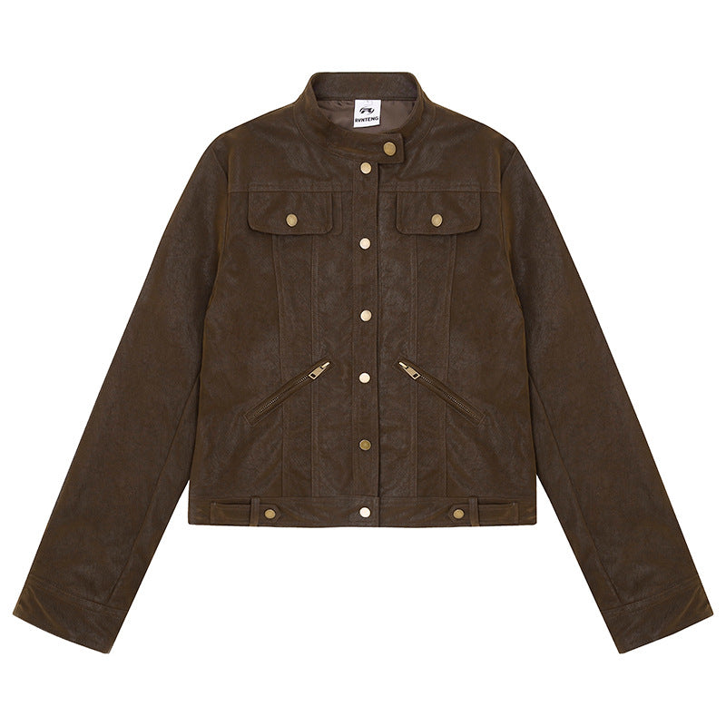 Damen Kurz geschnittene Kunstlederjacke im Vintage-Moto-Stil Nord Taschen