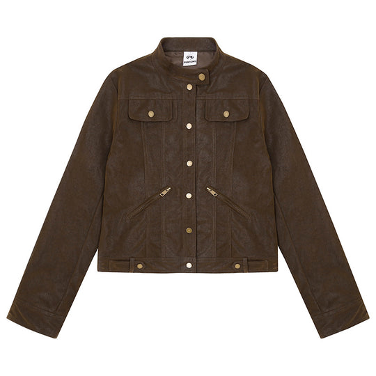 Damen Kurz geschnittene Kunstlederjacke im Vintage-Moto-Stil Nord Taschen