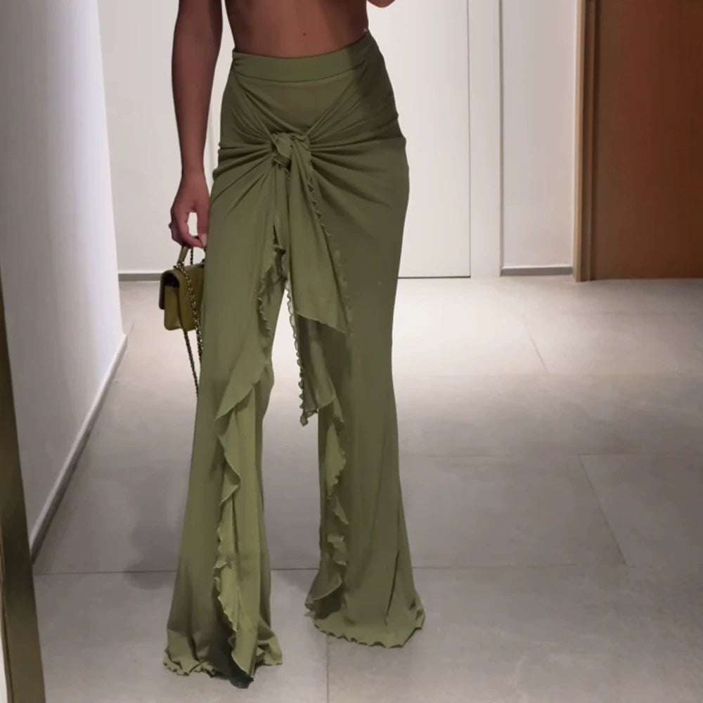 Damen Hochtaillierter Maxi-Rock mit asymmetrischer Raffung, Knotendetail und Volant-Schlitz Nord Taschen