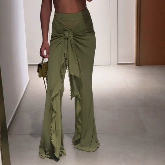 Damen Hochtaillierter Maxi-Rock mit asymmetrischer Raffung, Knotendetail und Volant-Schlitz Nord Taschen