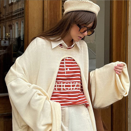 Damen Oversize Cape-Strickjacke mit weiten Trompetenärmeln und offenem Frontdesign Nord Taschen