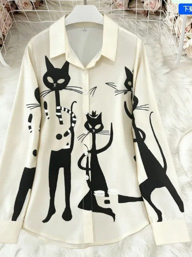 Damen Modische Hemdbluse mit einzigartigem Katzenmotiv Nord Taschen