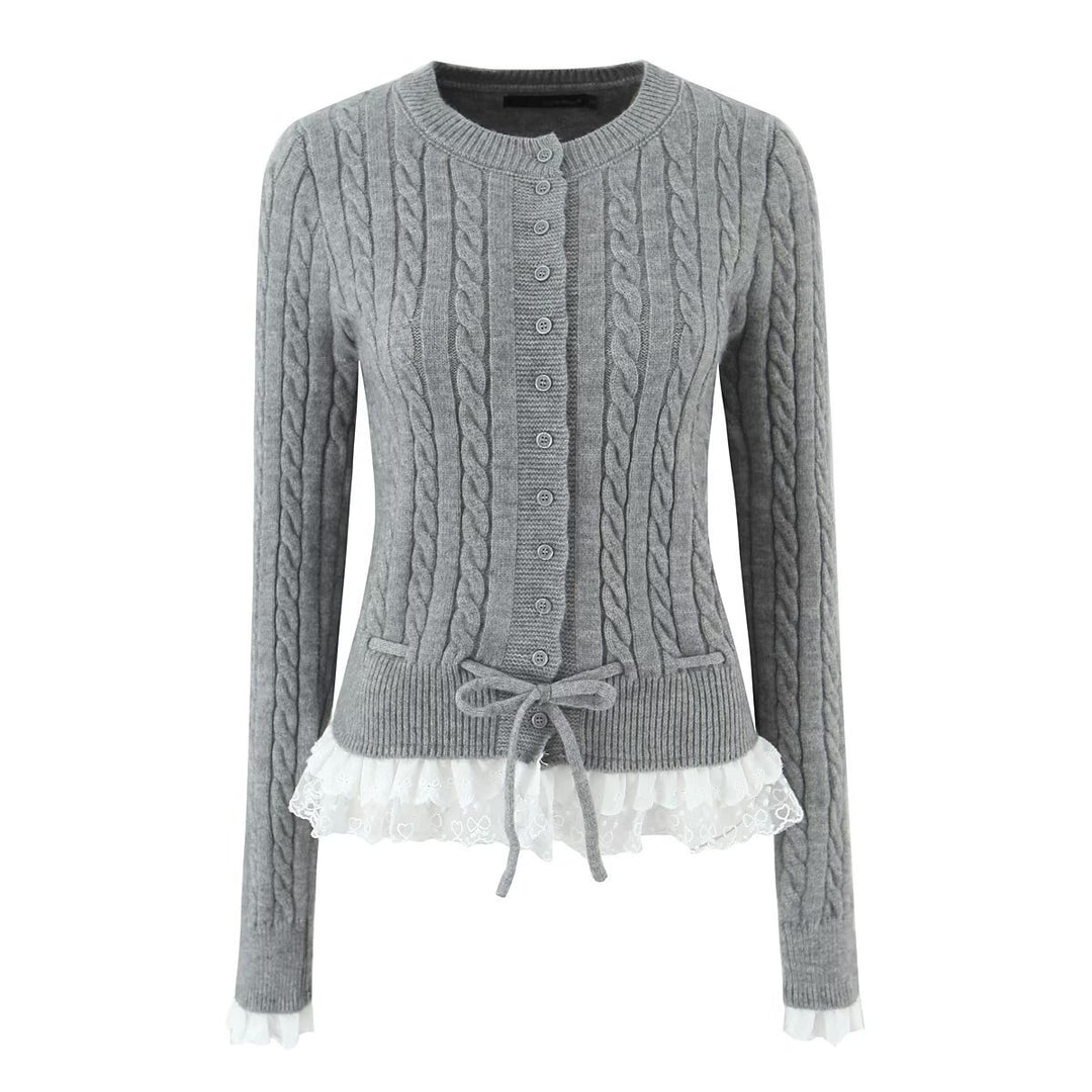 Damen Strickjacke mit Zopfmuster, Knopfleiste und Spitzenvolant Nord Taschen
