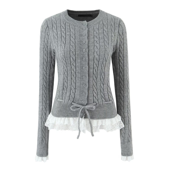 Damen Strickjacke mit Zopfmuster, Knopfleiste und Spitzenvolant Nord Taschen