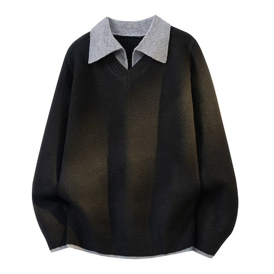 Unisex Oversize Strickpullover mit Kontrastpolokragen und V-Ausschnitt Nord Taschen