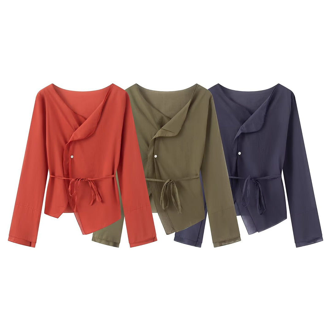 Damen Wickelbluse mit asymmetrischer Vorderseite, V‑Ausschnitt und Bindegürtel Nord Taschen