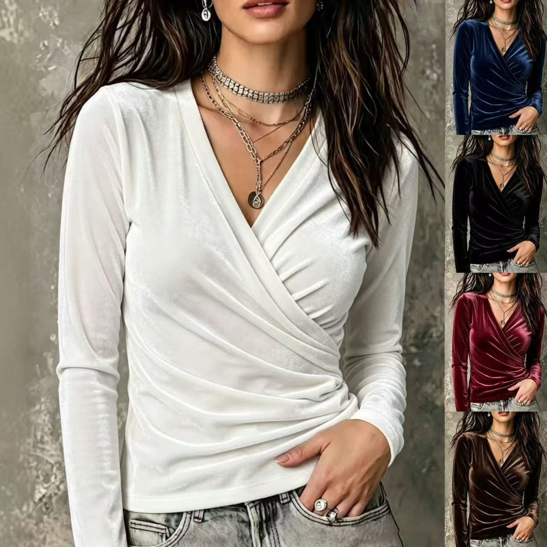 Damen Wickelshirt aus Samt mit V-Ausschnitt und seitlicher Raffung Nord Taschen