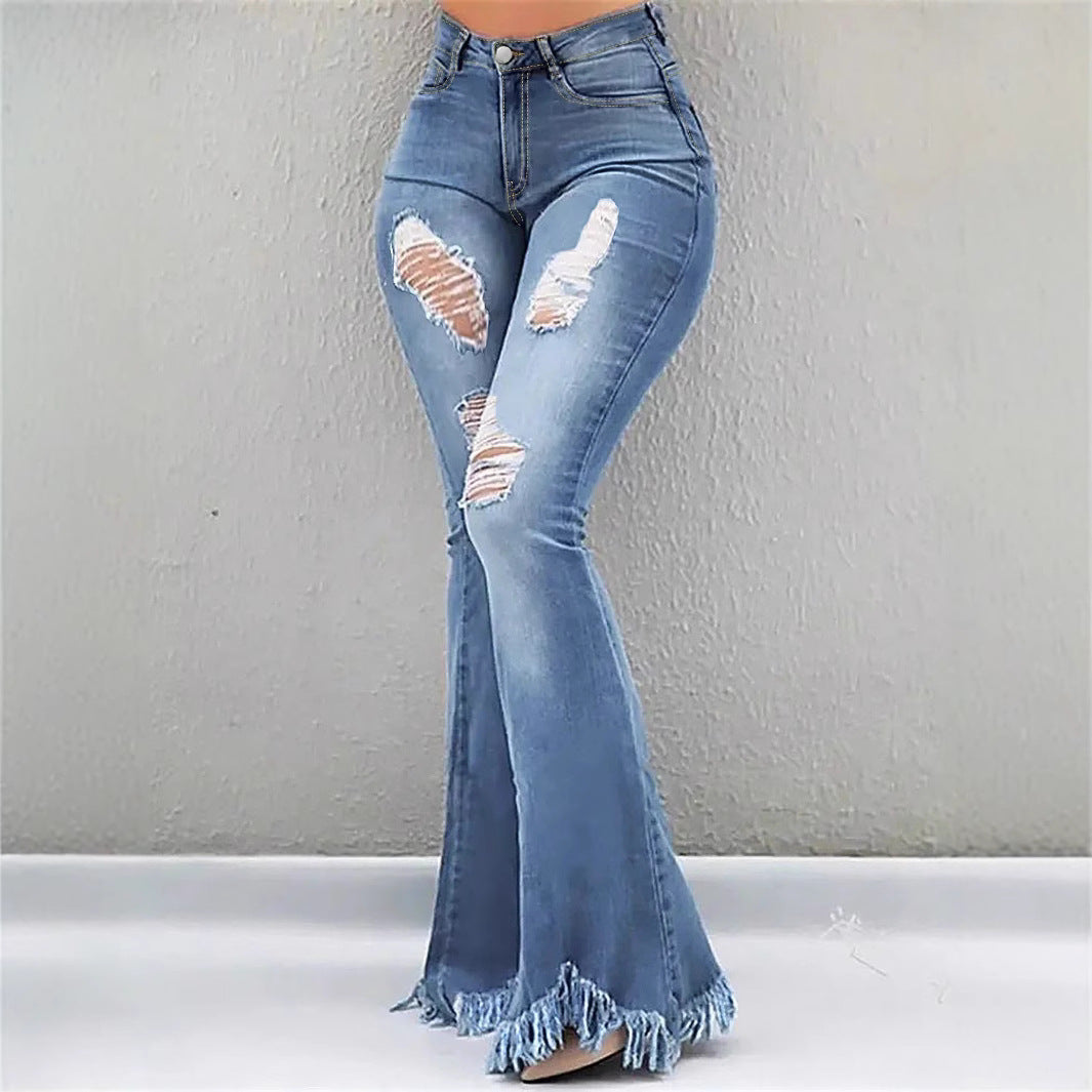 Damen High-Waist Flared-Jeans mit sculptendem Schnitt, Destroyed-Kniepartien und fransigem Volant-Saum Nord Taschen