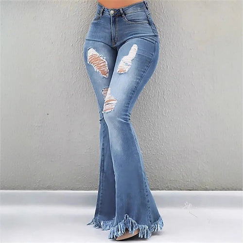 Damen High-Waist Flared-Jeans mit sculptendem Schnitt, Destroyed-Kniepartien und fransigem Volant-Saum Nord Taschen