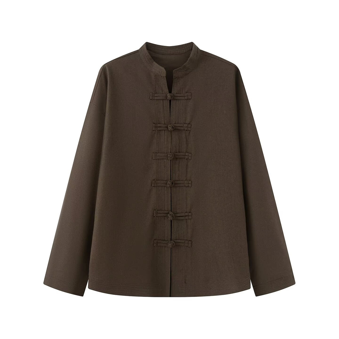 Damen Lockerer Leinen‑Mix Blouson mit Stehkragen und Knotenverschlüssen Nord Taschen