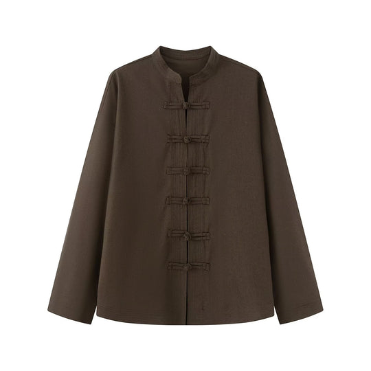 Damen Lockerer Leinen‑Mix Blouson mit Stehkragen und Knotenverschlüssen Nord Taschen