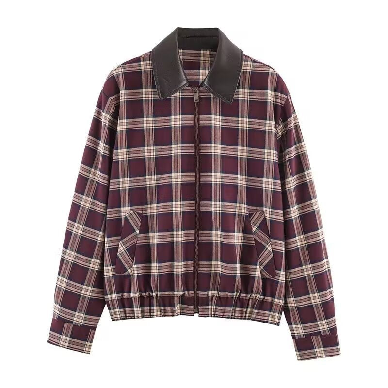 Damen Karierte Blousonjacke mit kontrastierendem Lederkragen und elastischem Saum Nord Taschen