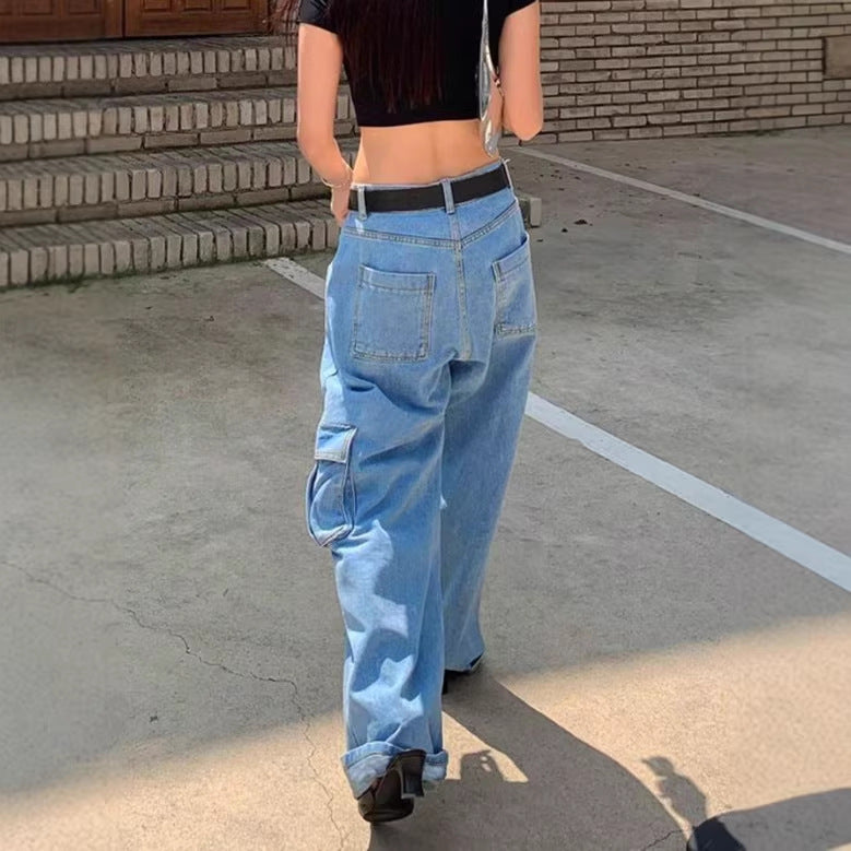 Damen Extraweite Baggy-Jeans mit Cargo-Patches und tiefem Bund Nord Taschen