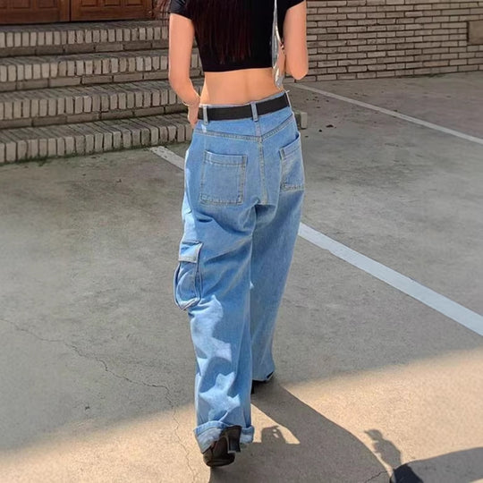 Damen Extraweite Baggy-Jeans mit Cargo-Patches und tiefem Bund Nord Taschen