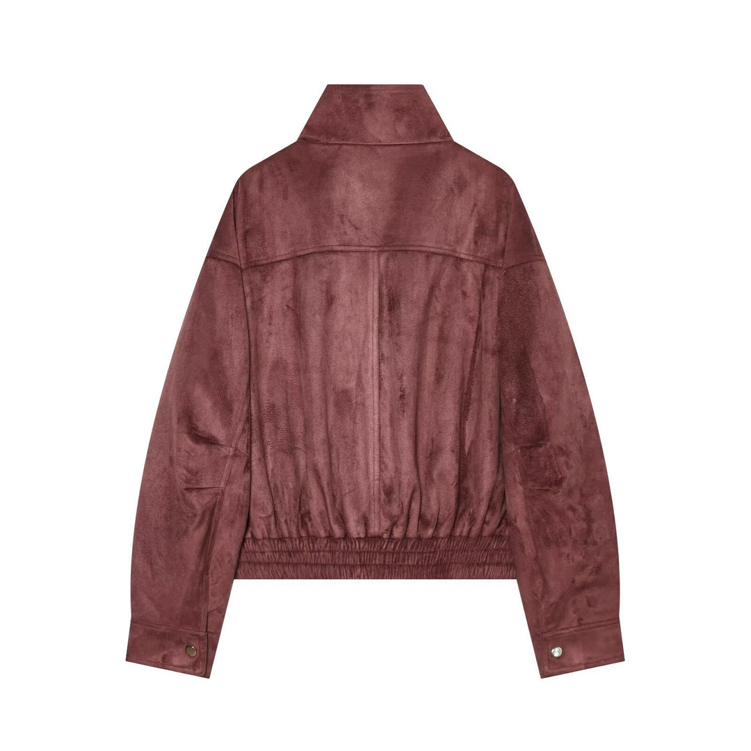 Damen kurze Veloursleder-Optik Bomberjacke mit Stehkragen und elastischem Saum Nord Taschen