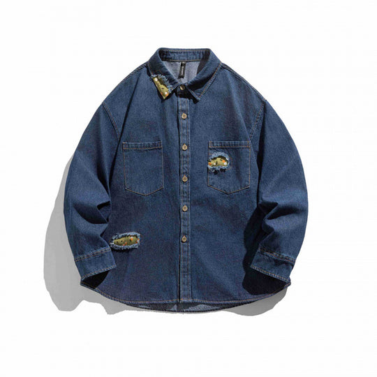 Unisex Kastenförmige Denim-Hemdjacke mit dekorativen Destroy-Applikationen und Oversized-Silhouette Nord Taschen