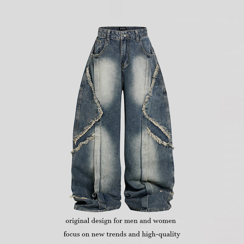 Damen Hochtaillierte weite Baggy-Jeans mit ausgefransten Lagenpanelen und Used-Look Nord Taschen