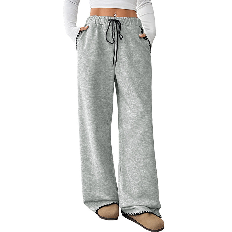 Damen Weite Relax-Fleece-Hose mit hohem Bund, Kordelzug und Zierstich-Details Nord Taschen