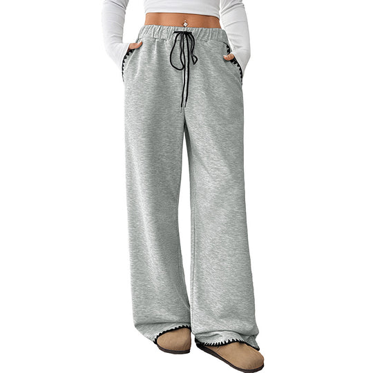 Damen Weite Relax-Fleece-Hose mit hohem Bund, Kordelzug und Zierstich-Details Nord Taschen