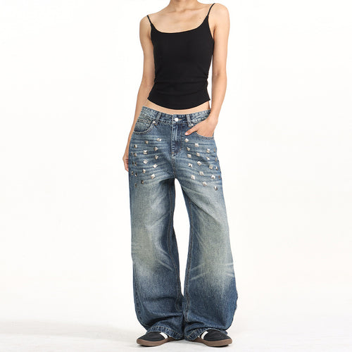 Damen Extraweite Nieten-Baggy-Jeans mit tiefem Bund und Used-Wash Nord Taschen