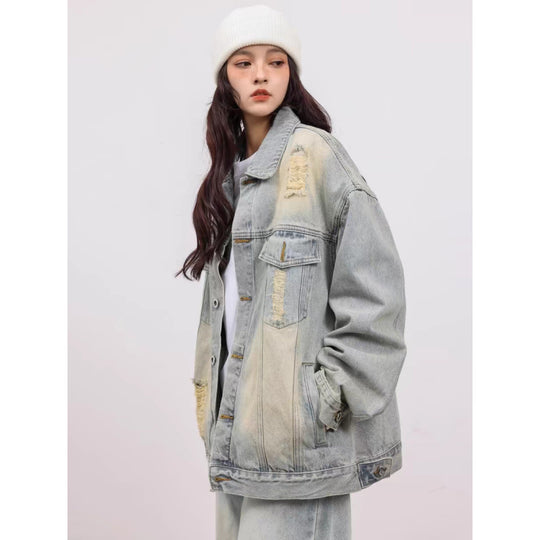 Unisex Vintage-Style Denim-Worker-Jacke mit Repair-Details und geradem Schnitt Nord Taschen
