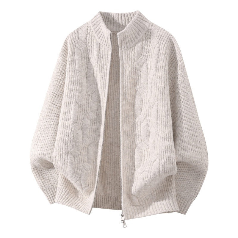Damen Weicher Oversize‑Zopfmuster‑Cardigan mit Stehkragen & Zwei‑Wege‑Reißverschluss Nord Taschen
