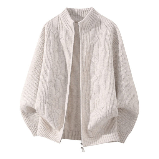 Damen Weicher Oversize‑Zopfmuster‑Cardigan mit Stehkragen & Zwei‑Wege‑Reißverschluss Nord Taschen