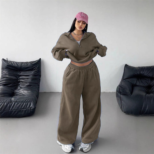 Damen Samt-Cropped-Ziphoodie und weit geschnittene High-Waist Palazzo-Jogginghose Nord Taschen