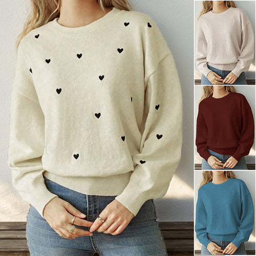 Damen Lockerer Feinstrickpullover mit Herzchen-Allover, Rundhalsausschnitt und elastischem Saum Nord Taschen