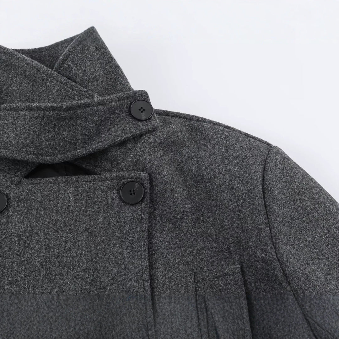 Damen Kurzer Doppelreihiger Wollmix-Mantel mit hohem Stehkragen und Taillengürtel Nord Taschen