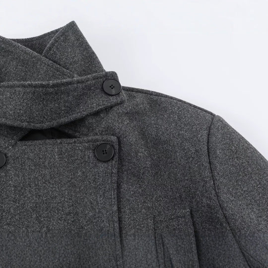 Damen Kurzer Doppelreihiger Wollmix-Mantel mit hohem Stehkragen und Taillengürtel Nord Taschen