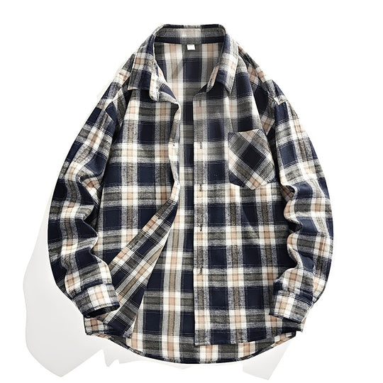 Herren Oversize karierte Flanellhemdjacke mit Brusttasche & abgerundetem Saum Nord Taschen