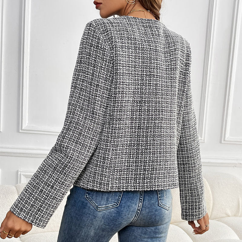Damen Kurzblazer im Bouclé-Tweed mit rundem Ausschnitt & goldenen Zierknöpfen Nord Taschen