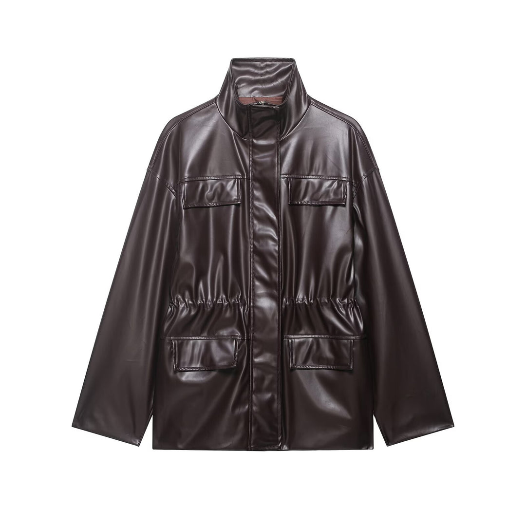 Damen Zweiteiliges PU-Leder-Ensemble mit Fieldjacke, Kordelzugtaillierung und High‑Waist Wide‑Leg Hose Nord Taschen