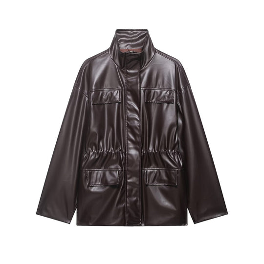 Damen Zweiteiliges PU-Leder-Ensemble mit Fieldjacke, Kordelzugtaillierung und High‑Waist Wide‑Leg Hose Nord Taschen