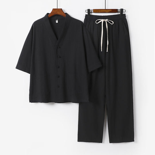 Herren Kimono-Zweiteiler aus Leinenmischung mit V-Ausschnitt, aufgesetzten Taschen und Kordelbundhose Nord Taschen