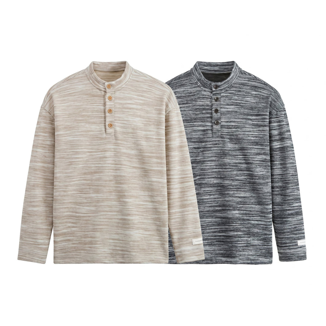 Herren Strukturierter Henley-Strickpullover mit Stehkragen und Melange-Struktur Nord Taschen