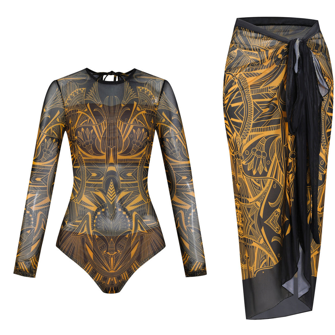 Damen Langarm-Badeanzug mit modernem Grafikdesign