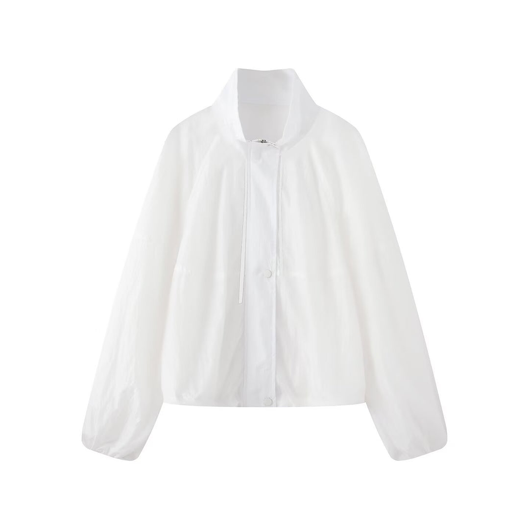 Damen Leichte Oversize-Blousonjacke aus Nylon mit Stehkragen, Kordelzug und Druckknopfverschluss Nord Taschen