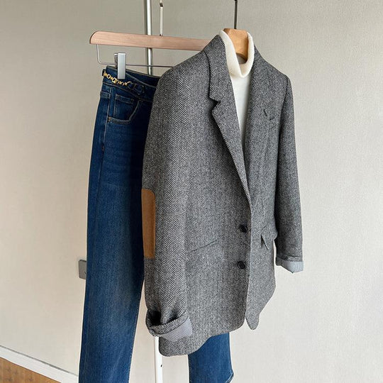 Damen Lockere Wollmix-Blazer im Fischgrät-Tweed mit Kontrast-Ellenbogenpatches Nord Taschen