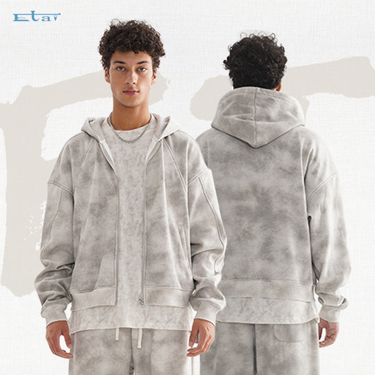Unisex Kurz geschnittene Reißverschluss-Kapuzenjacke aus French-Terry mit Cloud-Dye-Effekt und Raglannähten Nord Taschen