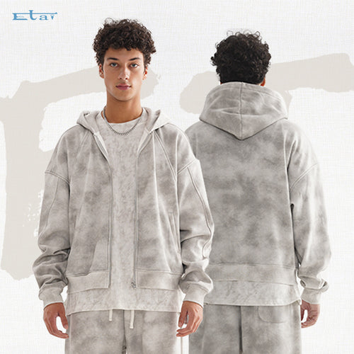 Unisex Kurz geschnittene Reißverschluss-Kapuzenjacke aus French-Terry mit Cloud-Dye-Effekt und Raglannähten Nord Taschen