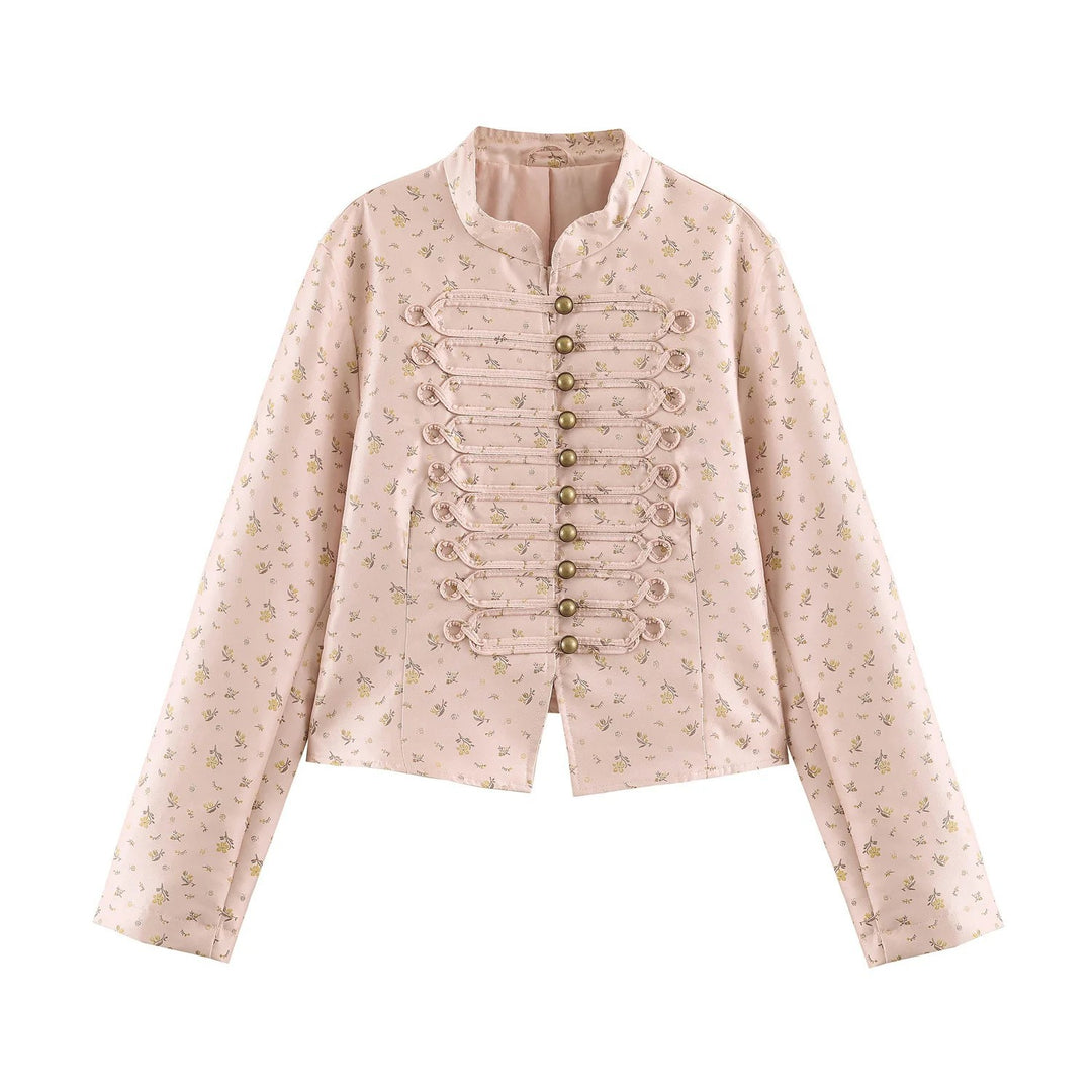 Damen Kurze Brokatoptik Militärblousonjacke mit Froschknopfleiste Nord Taschen