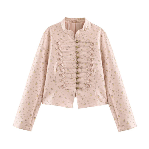 Damen Kurze Brokatoptik Militärblousonjacke mit Froschknopfleiste Nord Taschen