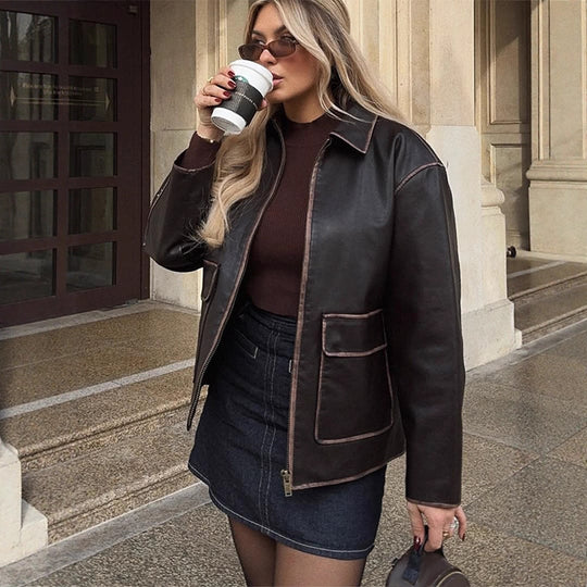 Damen Kurze Lederimitatjacke im Aviator-Look mit kontrastierenden Ziernähten Nord Taschen