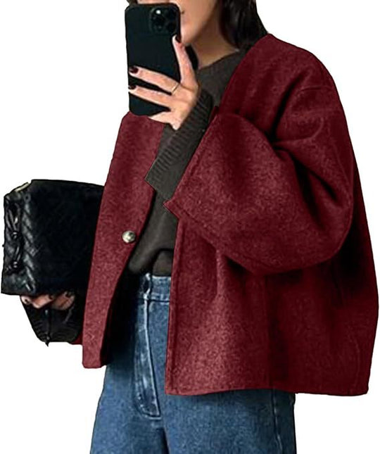 Damen Kurz geschnittene Oversize Wolljacke mit kastigem Schnitt und Ein-Knopf-Verschluss Nord Taschen