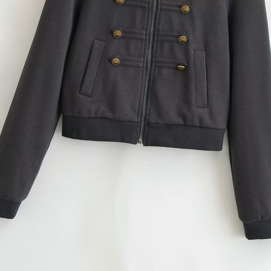 Damen Cropped Kapuzenblouson mit dekorischer Doppelreihe und verdecktem Reißverschluss Nord Taschen