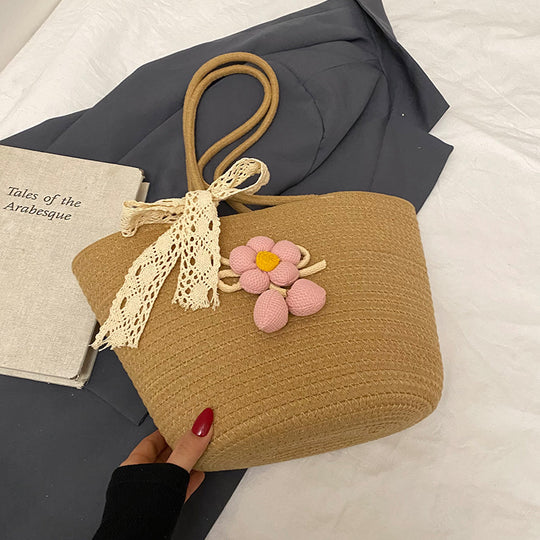Damen Jute-Strandtasche mit dekorativen Blumen-Detail Nord Taschen